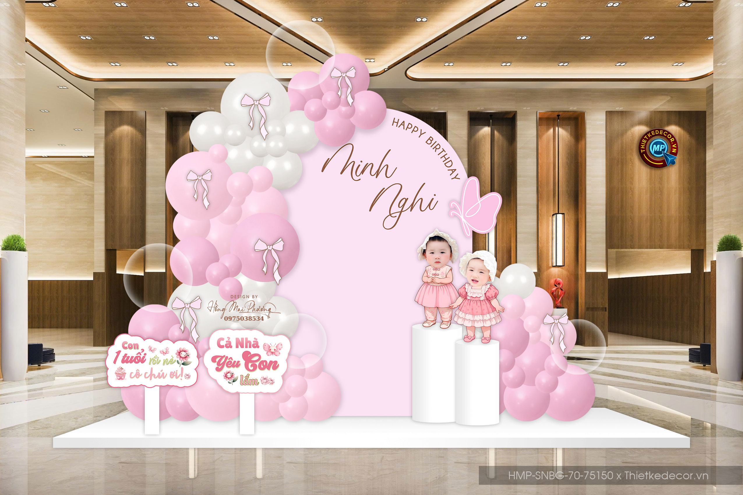 File thiết kế sinh nhật - thôi nôi bé gái tone hồng siêu xinh. Backdrop check in nhà nhà, tư gia.